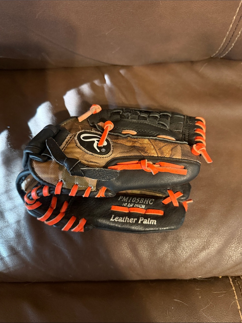 Rawlings Black and Orange Camo Youth Baseball Glove - Leather Palm